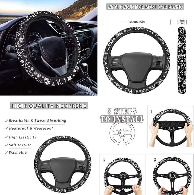 Skeleton Butterfly Prints Car Seat Covers Full Set with Car Steering Wheel Cover Auto Center Console Pad Seat Belt Pads, Automotive Interior Accessories - 8 Pack