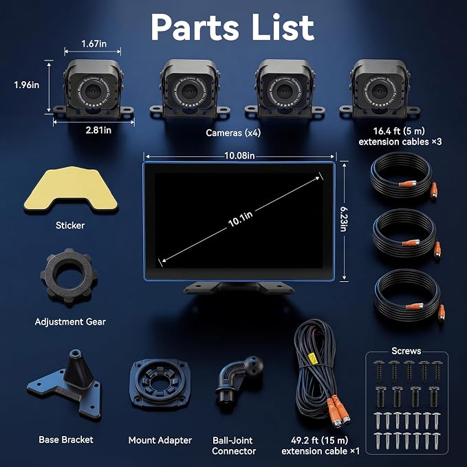 4K RV Backup Camera System, 10.1 in Touchscreen, 4 Wired Cameras | 4CH 1080P Night Vision, IP68K Waterproof, DVR Loop Recording for Truck RV