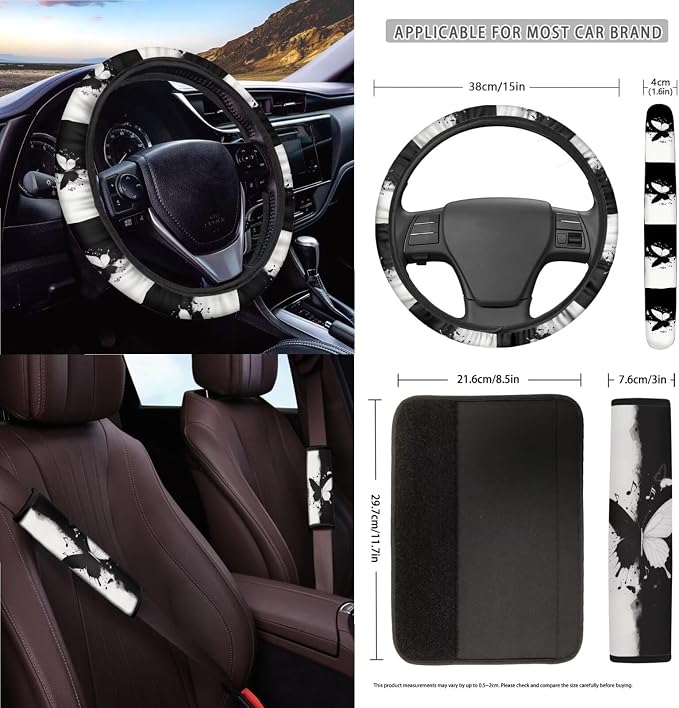 Butterfly Print Car Seat Covers Full Set with Accessories Music Note Print Car Front and Rear Seat Covers Steering Wheel Cover Safety Belt Pads Inside Rearview Mirror Cover
