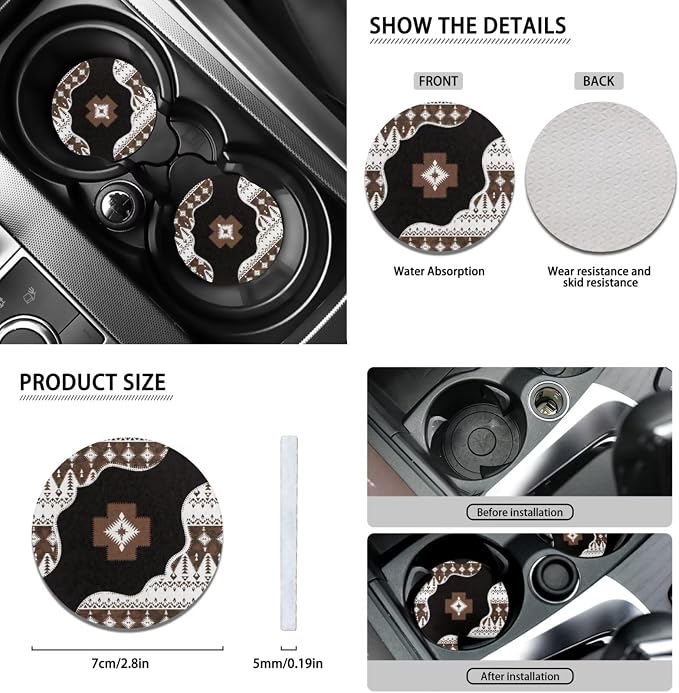 Wanyint Southwest Aztec Black Brown Car Seat Protector - 11 PCS Set with Steering Wheel, Headrest, Cup Coasters, Handbrake, Gear Shift Knob Covers