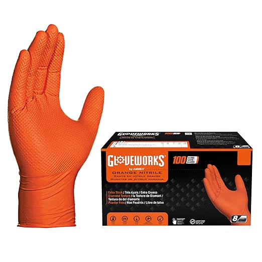 GLOVEWORKS 8 Mil Orange Nitrile Disposable Gloves Heavy Duty Industrial RDT for Mechanic and Automotive, Small Box of 100