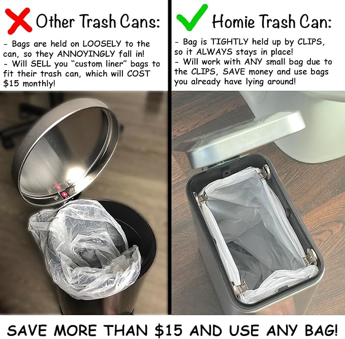 Homie Soft Close, Slim Trash Can 3.2 Gallon with Anti - Bag Slip Liner and Lid, Use as Mini Garbage Basket, Slim Dust Bin, or Decor in Bathroom, Restroom, Kitchen, or Bedroom (Stainless Steel)