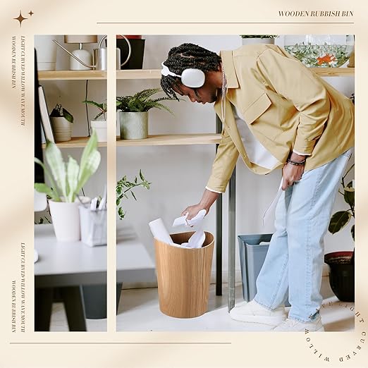 Threehoney 2 Pack 2.3 Gallons Wood Trash Can Wastebasket Natural Wood Round Wastebasket Small Trash Bin for Home, Office Under Desk, Kitchen, Bedroom, Den, Hotel, Room(Light Wood,Wavy)