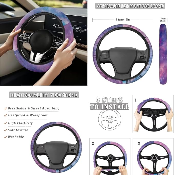 Purple Mountain Galaxy 15 PCS Car Seat Cover Set with Auto Steering Wheel Cover Seat Belt Strap Protector Cup Holder Trash Bag Rear View Mirror Protector Keychain