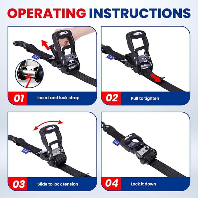 MOCA Black Locking Ratchet Straps - 5200 Lbs Breaking Strength, 1.6" x 8' Locking Tie Down Straps w/ 4 Locks & 4 Heavy Duty Ratchet Padded Handles & Coated Chromoly S Hooks & 4 Soft Loop Tie-Downs