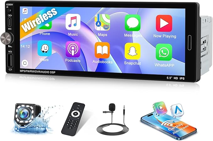 Single Din Touchscreen Car Stereo with Wireless Carplay&Android Auto,6.9 Inch Car Radio MP5 Player with Bluetooth FM Radio EQ Car Audio with USB/Type-C SWC+Backup Camera+Microphone