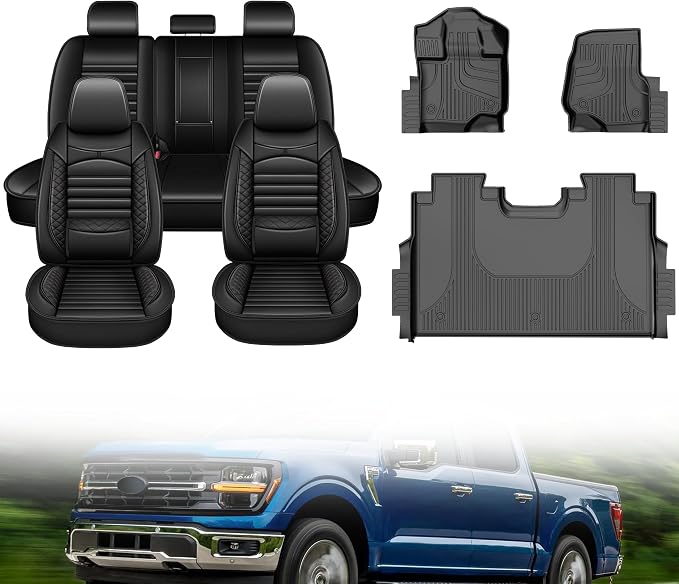 Seat Covers & Floor Mats Fit for Ford F150 2015-2025 2026 5 Seat Full Set Faux Leather Truck Seat Covers Custom Fit Rubber All Weather Floor Liners (Black)