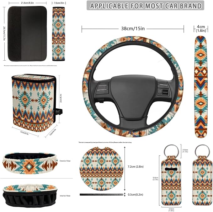 Ethnic Tribes Car Seat Covers Set 12 Pcs Steering Wheel Cover Seat Belt Cover Car Trash Can Rear View Mirror Cover Cup Coasters Keychain Holder Keychains