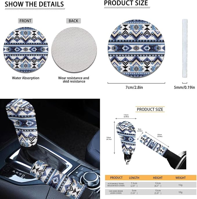 Dreaweet Southwestern Car Seat Covers Full Set Blue Ethnic Aztec Geometric Tribal Native Car Steering Wheel Cover/Center Console Cover/Seatbelt Covers/Cup Coasters/Gear Shift Cover and Handbrake Cover