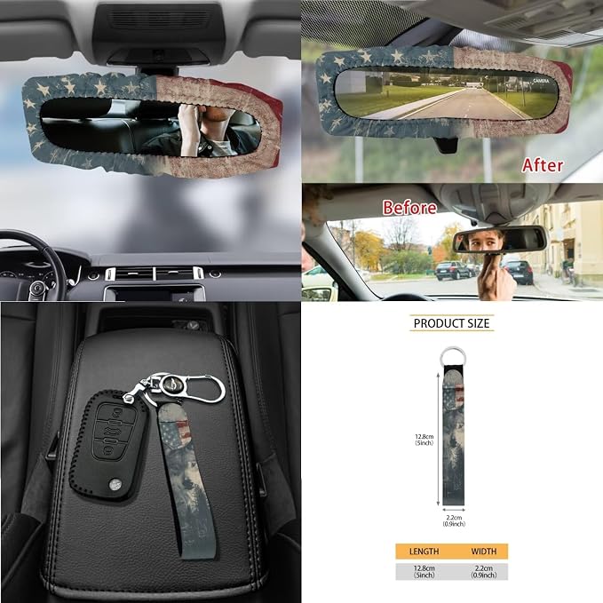 Wolf American Flag Forest Pattern Bucket Seat Rear Split Bench Cover Steering Wheel Cover Car Trash Bin Keychain Coasters Seat Belt Covers 15pcs Car Accessories
