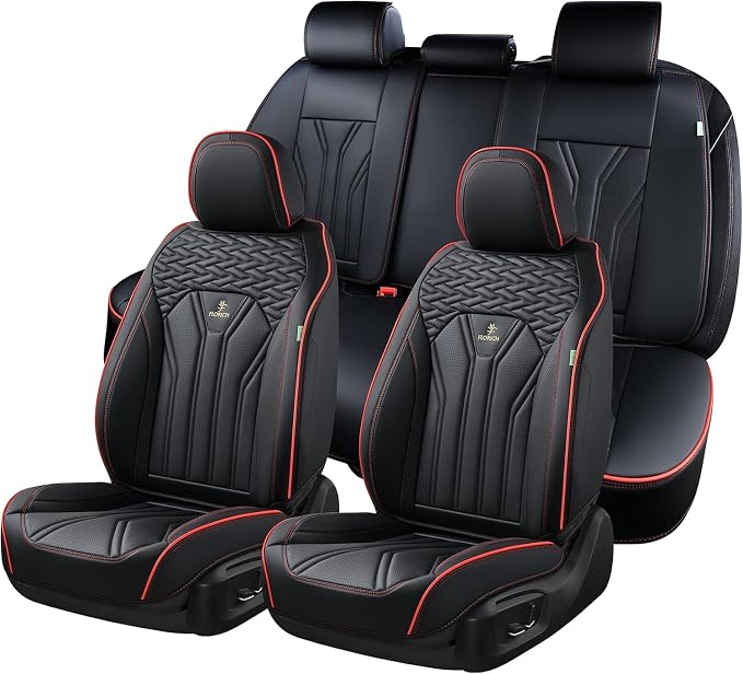 FLORICH Leather Seat Covers Full Set Car Seat Protectors 5 Seats Automotive Seat Covers Universal Fit for Most Cars Trucks SUV-Black&Red Line