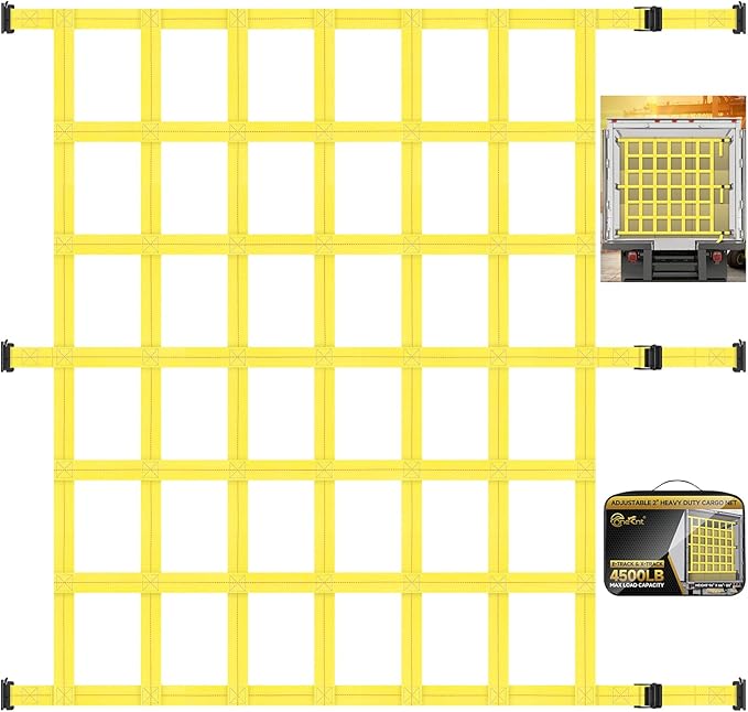 Onesnt E-Track Adjustable 2” Heavy Duty Cargo Net for X-Track & E-Track Systems | 96” L x 68-84” W—4,500lb Break Strength