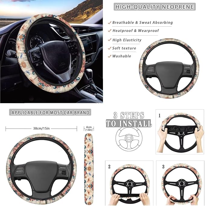 Suobstales Bohemia Mandala Dragonfly Print Car Accessories with Car Front Rear Split Seat Covers, Seat Belt Pads + Steering Wheel Cover + Coaster + Keyrings for Women Set of 11-Pcs