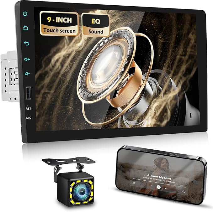 Single Din Car Stereo with Mirror Link for Android/iOS, 9 inch Touch Screen Car Radio with Bluetooth FM/EQ/USB Fast Charging/Multiple UI/SWC/Backup Camera+ Built-in Mic