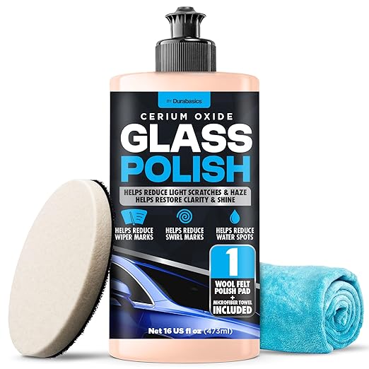 Durabasics Cerium Oxide Glass Polish – Glass Scratch Remover for Light Scratches, Haze & Wiper Marks on Windshields – Glass Polishing Compound with 3” Wool Felt Pad Kit – 16oz