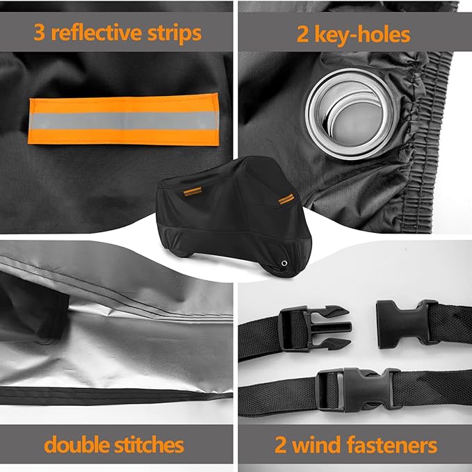 Motorcycle Cover Waterproof Outdoor Storage All Season Universal Weather Rain Snow Sun Winter Durable with Lockhole Night Reflective Black Oxford 116" Extra Large Heavy Duty Touring Protection