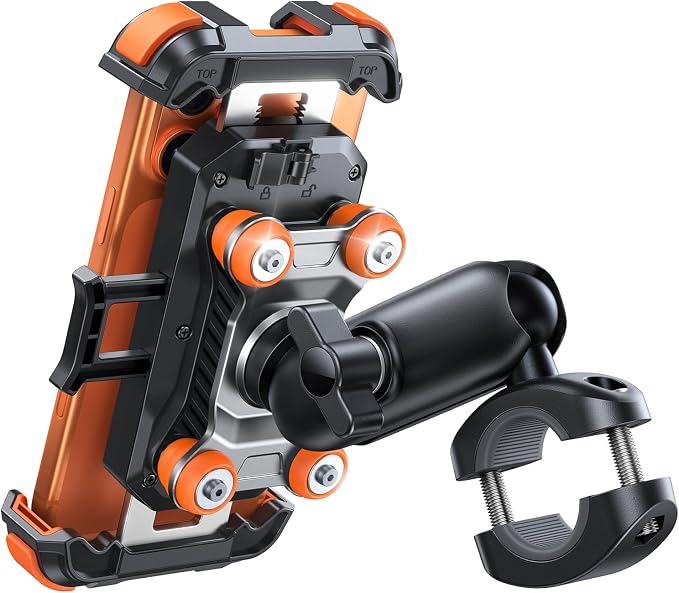 JOYROOM Motorcycle Phone Mount Holder - [Dual Vibration Dampener] 100mph Anti-Shock Phone Holder for Motorcycle [Metal Adjustment Arm] Bicycle Bike Phone Holder Mount for 4.7-7" Cell Phones, Orange