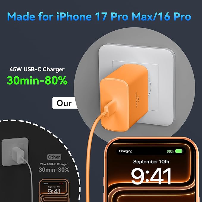 45W Super Fast USB C Charger for iPhone 17 16 Pro Max Charger, 10FT Long iPhone Chargers Fast Charging Cord Cable for iPhone 17 16 Pro Max/17 16 Pro/16 Plus,15 Pro Max/15, Android Phone-Orange