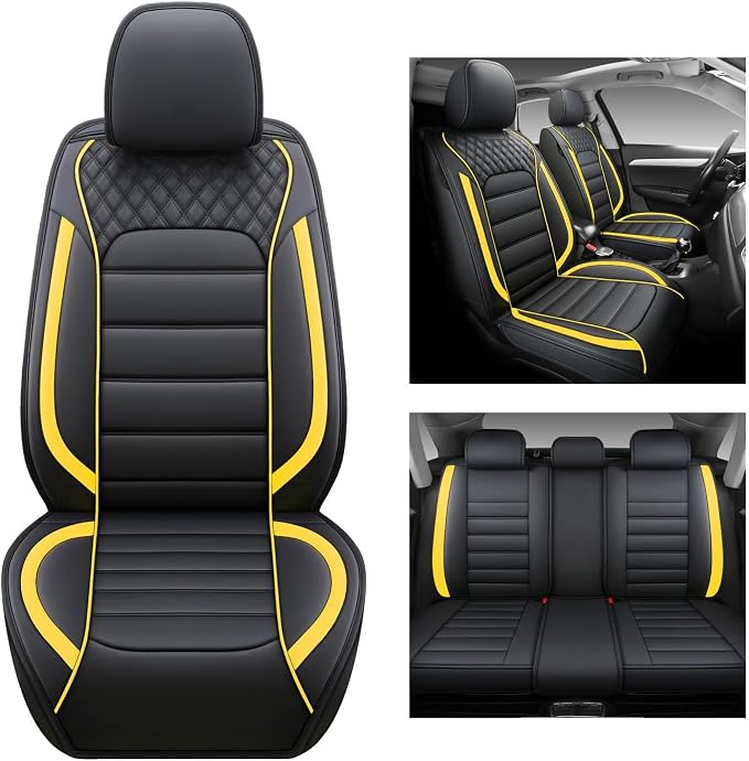Quiln-03 Leather Seat Cover 5 Seat Full, Universal Suitable for Most Cars, SUVs, Pickup Trucks, Airbag Compatible Car Seat Cushion Covers (Black&Yellow)