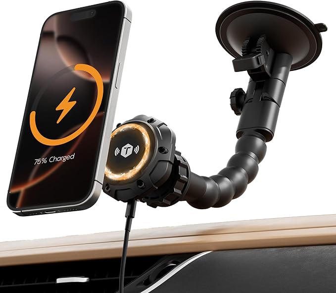 ToughTested MagTough Python Magnetic Phone Holder for Car - 15W Fast Wireless Charger, Dashboard & Windshield MagSafe Car Phone Holder for iPhone 17 16 15 14 Pro Max Android, Flexible Arm 360 Rotation