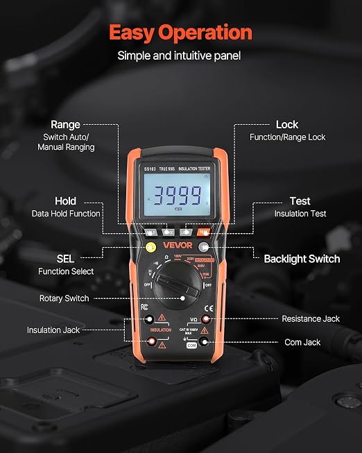 VEVOR Digital Multimeter, 4000-Count TRMS Voltmeter Ohmmeter, 1000V AC/DC Voltage Tester with Switchable Auto/Manual Range for Voltage, Resistance, and Continuity Measurment