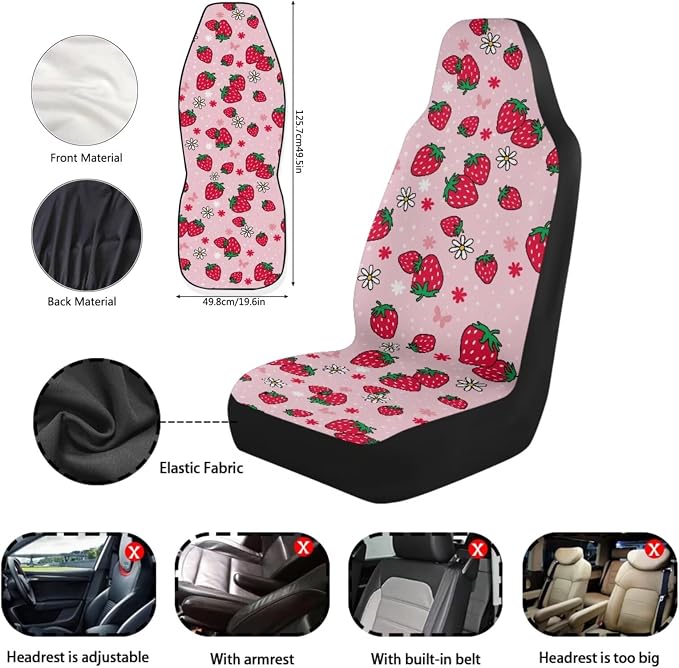 Cute Strawberry 11 Pieces Car Seat Covers Sets with Auto Seat Belt Cover Steering Wheel Cover Gear Lever Cover Hand Brake Cover Car Decor Accessories Fit for Cars SUV