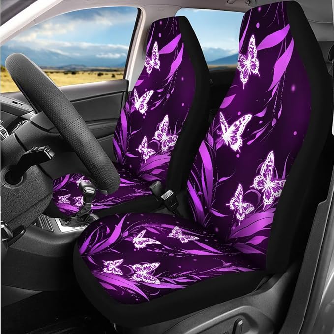 8 Pcs Purple Butterfly Car Interior Accessories for Women, Car Seat Cover Full Set with Auto Steering Wheel Cover Auto Center Console Pad Seat Belt Covers