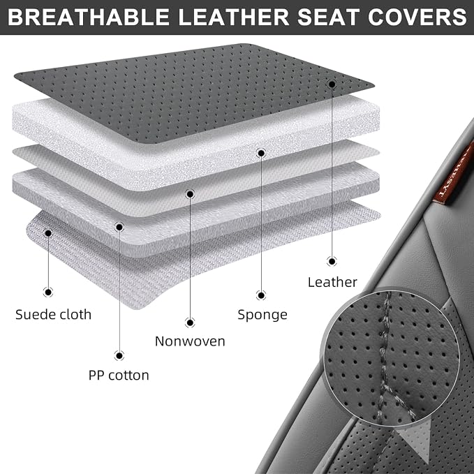 TIEHESYT Gray Car Seat Covers Full Set, Breathable Leather Automotive Front and Rear Seat Covers & Headrest for Reduce The Driving Fatigue, Compatible with Most Vehicles, Cars