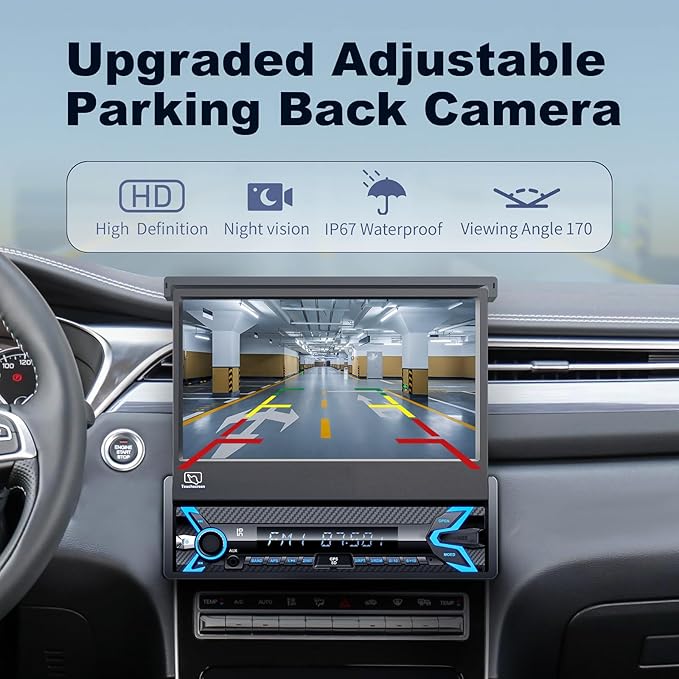 2026 7-inch Motorized Flip-Out Single Din Car Stereo with Apple CarPlay & Android Auto, Bluetooth, HD Touchscreen, Backup Camera, USB/SD/AUX Input, AM/FM Radio, Subwoofer Support & DSP