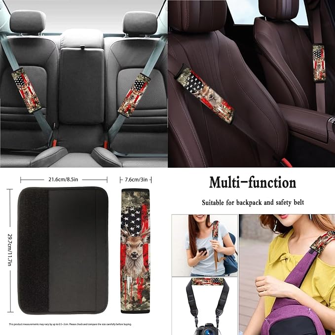Xoenoiee Hnting Deer Flag Forest Camo Pattern Universal Car Seat Covers Full Set 11-pcs Car Interior Accessories, Car Coasters, Keychain, Steering Wheel Cover, Seat Belt Pad, 4th of July Flag