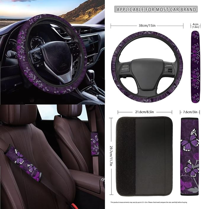 Butterfly Rose Print Car Interior Covers Full Set of 15 Decorative Car Front Rear Seat Covers Steering Wheel Cover Safety Belt Pads Rearview Mirror Cover Garbage Bag Keychain