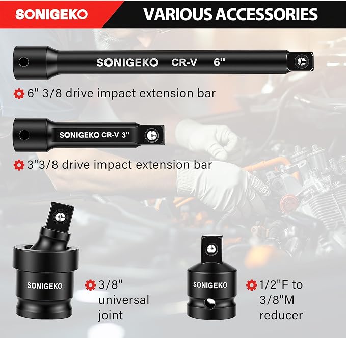 48-Piece 3/8" Drive Impact Socket Set, Standard SAE (5/16 to 3/4 inch) and Metric (8-22mm) Size, 3" and 6" Drive Extension Bar, Impact Universal Joint, 3/8" to 1/2" Impact Adaptor, CR-V Steel
