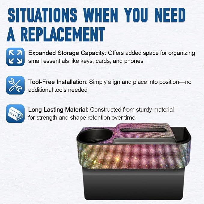 Auto Gap Filler Multifunctional Car Seat Organizer, Multi-Function Tissue Storage Box w/Cup Holder, Auto Console Side Storage Box, Multicolor Rhinestone - Multicolor
