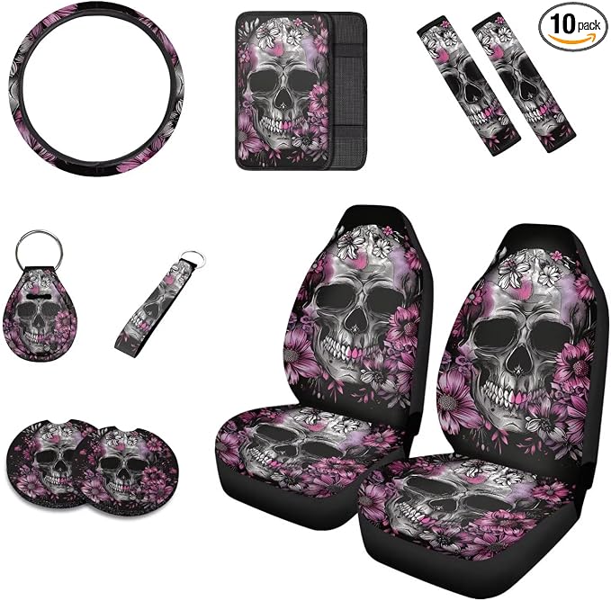 Howilath Purple Flower Skull Auto Front Seats Protector with Center Console Cover+Steering Wheel Cover+Seatbelt Pads+Keychain+Coasters Car Accessories Set of 10