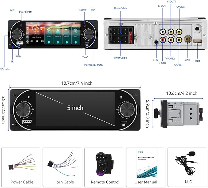 CAMECHO Single Din Radio Car Stereo with Wireless CarPlay & Android Auto 5.1" IPS Touchscreen with Bluetooth 5.2 Car Audio Receiver AM&FM, EQ, SWC, TF, AUX＆USB, Fast Charging, Backup Camera+MIC