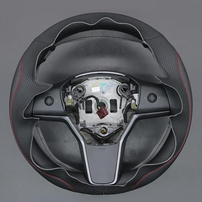 MEWANT Hand Stitch Black Real Leather Steering Wheel Cover for Tesla Model Y 2023 Tesla Model 3 2023 DIY Steering Wrap
