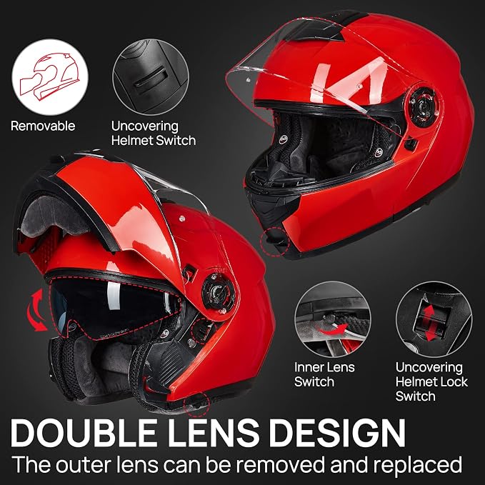 ILM Adult Motorcycle Modular Full Face Helmet Flip up Dual Visor DOT Approved Model 159(Red,Large)