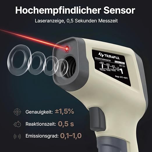 Tilswall Infrared Thermometer, Laser Temperature Gun, -50°C~600°C (-58F~1112F)with Adjustable Emissivity, for Cooking/Pizza Oven/BBQ/Vehicle Repair, Meat Thermometer included, Not for Human(OW), W301