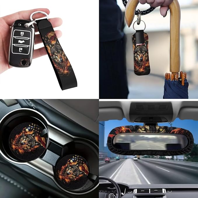 Flag Wolf Car Seat Covers Set of 12 Steering Wheel Cover Seat Belt Pads Car Trash Can Car Keychain Holder Chapstick Holder Suitable for Cars, SUV and Trucks in All Seasons