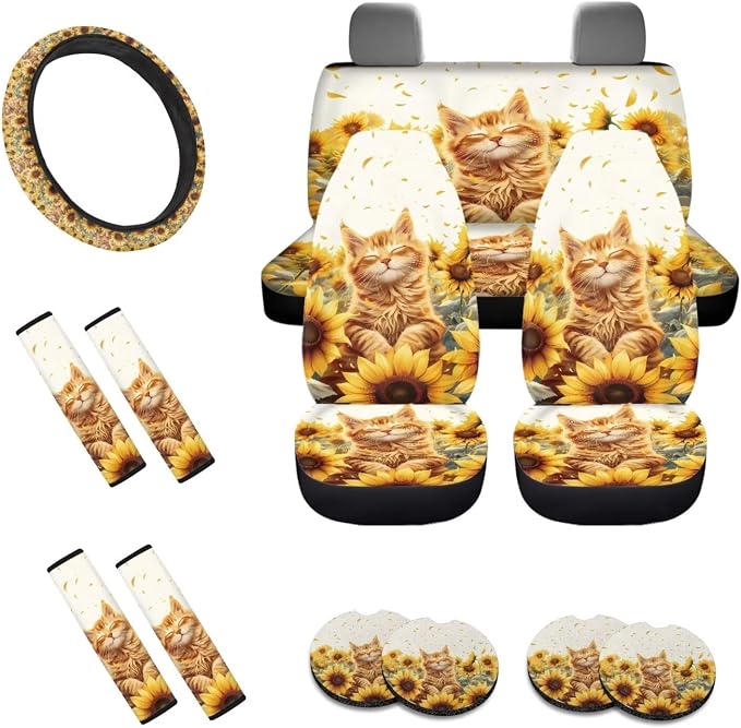Cat Sunflower Pattern 13 Pieces Car Accessories Set, Anti Slip Car Front and Rear Seat Cover + Steering Wheel Cover + Seat Belt Cover Pad for Car + Coasters for Women Men
