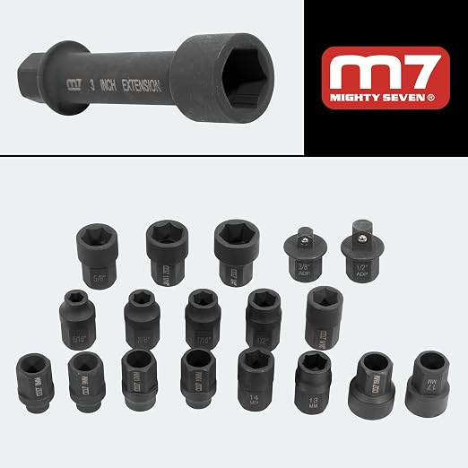 Mighty Seven MA52019 19-Piece Hex Thru-Hole Socket Set, Mechanic Tool Set with Extension Bar and Adapters, Wrench Set for Impact Wrenches, Impact Socket Tool Kit with Range of SAE and Metric Sizes