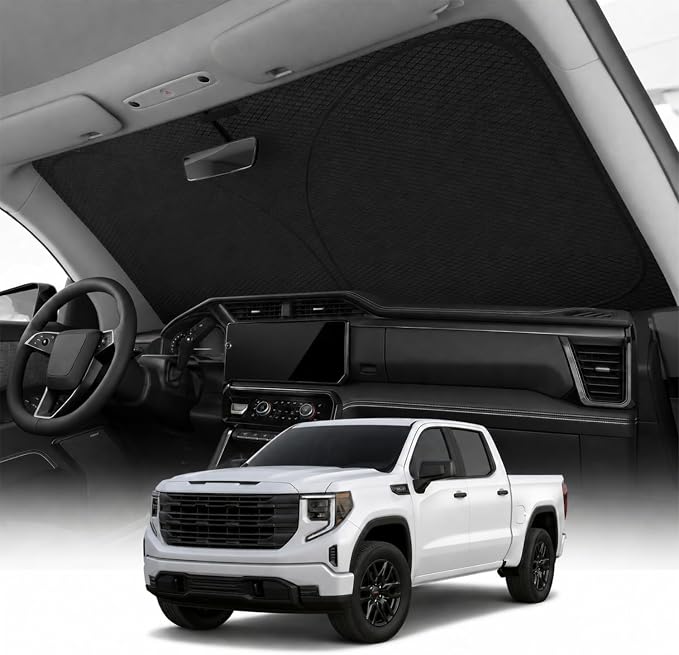 REEVAA 2026 3rd Pro Windshield Sunshade for 2019-2026 GMC Sierra | Dual-Layer Heat & Sun Defense, OEM Design | Foldable Sun Shade Car Accessories with Storage Bag