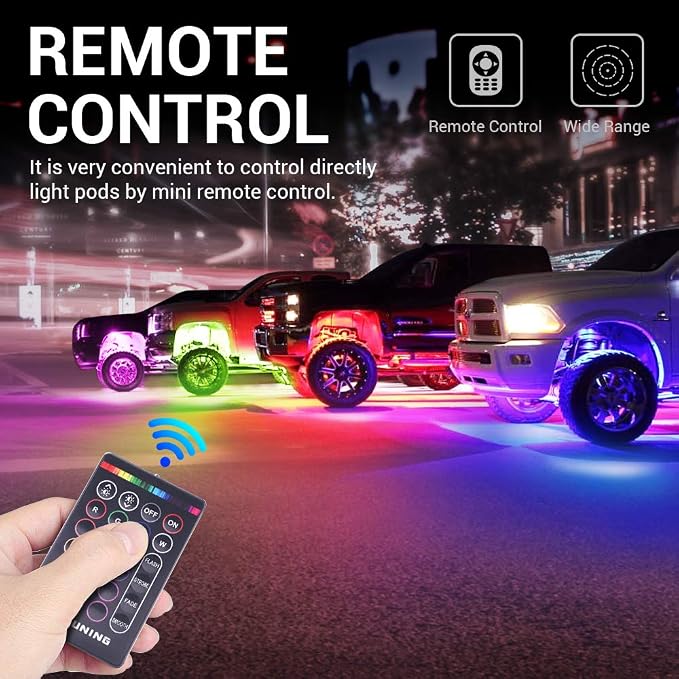 MICTUNING 8 Pods RGB Rock Lights Kit with RF Remote Control IP68 Waterproof | RGB Multi-colors Effect, Freely Adjustable Brightness, Easy to Install, 2-Year Warranty