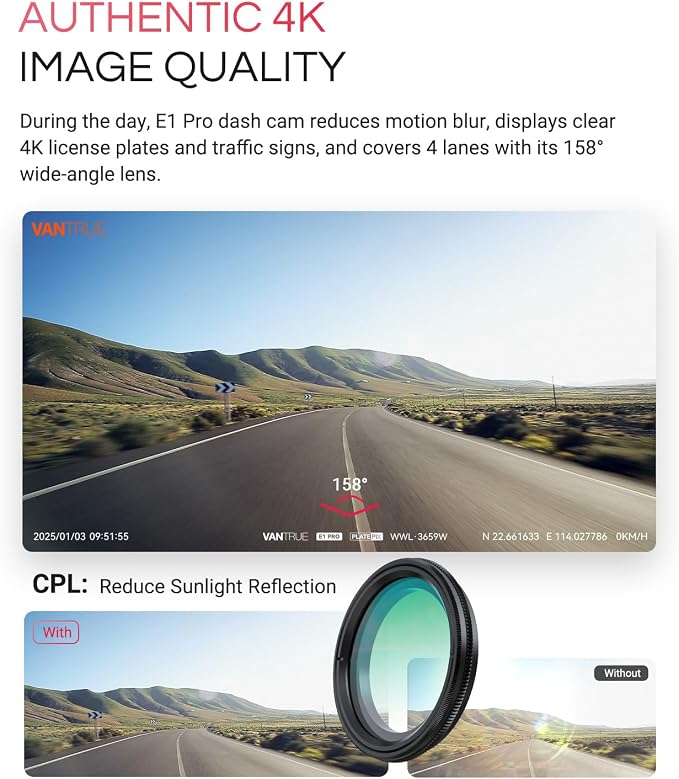 Vantrue E1 Pro 4K Mini Dash Cam Front, STARVIS 2 PlatePix HDR Night Vision Car Camera, Built-in 5G WiFi GPS, 1.54'' IPS Screen, Voice Control, 24/7 Buffered Parking Mode, Support 1TB Max