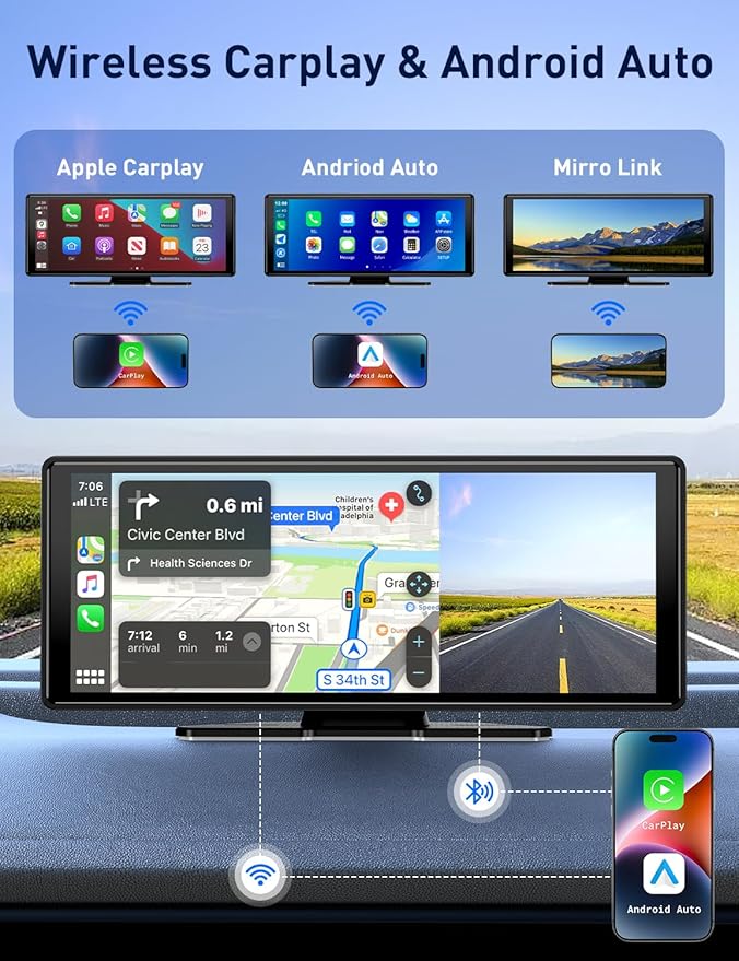 Wireless Apple Carplay Screen for Car, 10.26" HD Touchscreen Portable Android Auto Car Stereo with Bluetooth Car Radio Receiver Support GPS Navigation, Voice Control, Mirror Link, FM/AUX