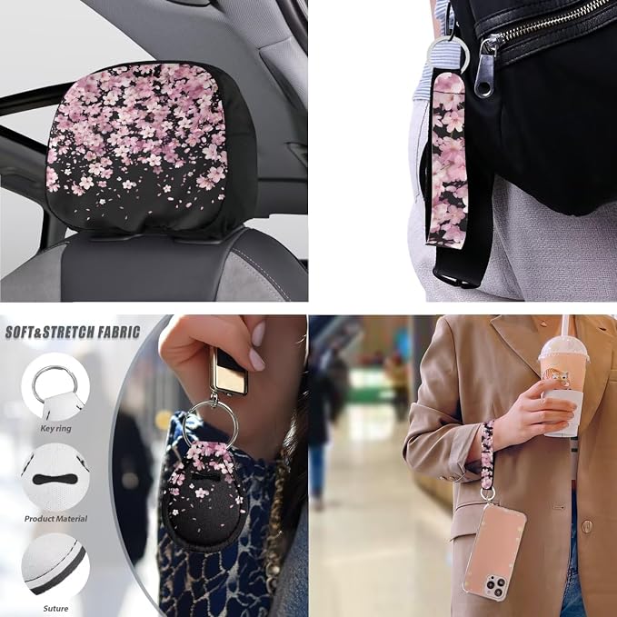 Cherry Blossom 13 PCS Car Seat Covers Classical Pink Cherry Blossoms Full Set Car Front Back Seat Cover Pink Flower Steering Wheel Cover Fit Auto SUV Trucks