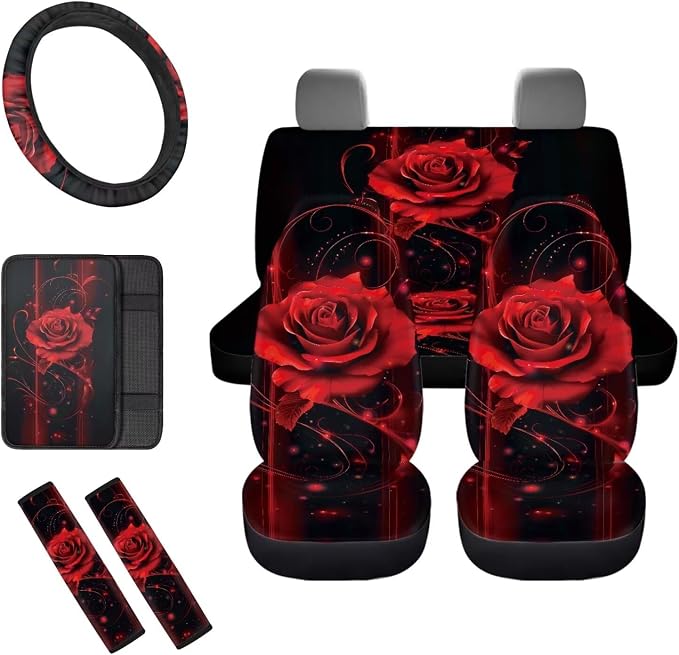 Red Rose Car Seat Covers Full Set 8 Pcs Car Accessories for Women Front Seat Cover Steering Wheel Armrest Cover Seat Belt Cover for Auto SUV Interior Decoration