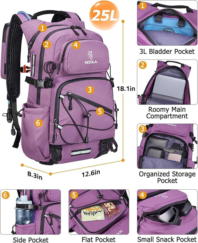 NOOLA Hydration Backpack with 3L Water Bladder - 25L Water Backpack for Hiking, Cycling, Running, Biking - Lightweight Hiking Pack Bag with Rain Cover, Phone Holder and Trekking Pole Holders, Purple