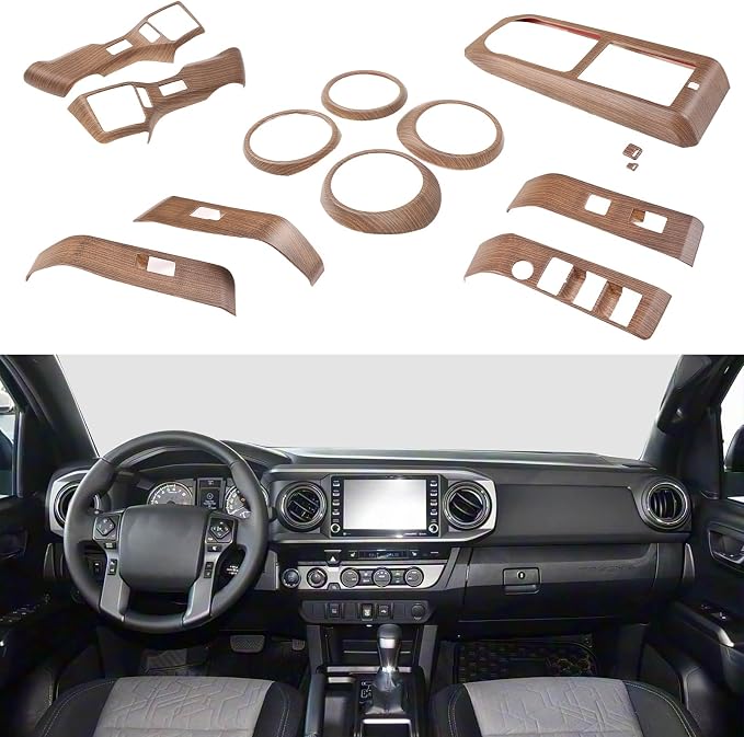 14PCS Full Set Interior Decoration Trim Kit Compatible with Toyot@ Tacoma 2016-2022 Central Control Dashboard Frame Cover Shift Knob Cover Air Vent Trim Cover Window Button Cover (Pear Wood Grain)