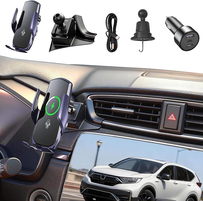 Car Phone Mount for Honda CR-V 2017–2022, 15W Wireless Fast Charging Auto-Clamping Vent Phone Holder, One-Hand Operation, Hands-Free, 360° Adjustable, Without Blocking Airflow